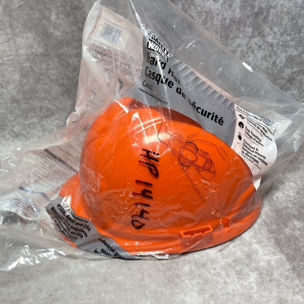 Safety Works Hard Hat Orange Ratchet Suspension OSHA ANSI CSA Industrial Grade
